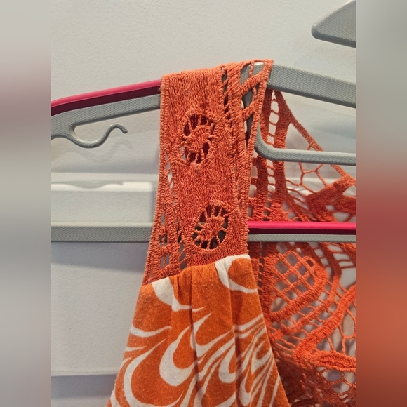 ELLE Orange White Print Sleeveless Dress Large Crochet Racerback - Picture 3 of 10